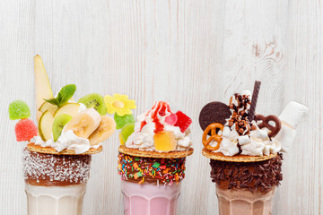 Four milkshakes closeup shot