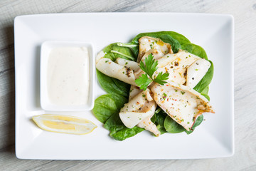 Grilled calamari with spinach and garlic aioli sauce. Selective focus