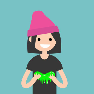 Young female character playing with a slime / flat editable vector illustration, clip art