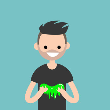 Young character playing with a slime / flat editable vector illustration, clip art