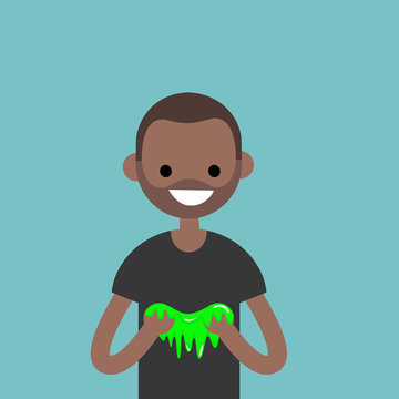 Young black character playing with a slime / flat editable vector illustration, clip art
