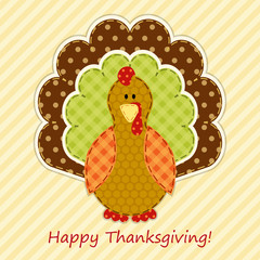 Cute Thanksgiving turkey as retro fabric applique in traditional colors