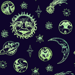 The sun with wrinkled face of a wise old man, young moon, planets, comet and stars of different shapes with mysterious faces, woodcut style design, seamless pattern design, bue background