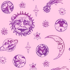 The sun with wrinkled face of a wise old man, young moon, planets, comet and stars of different shapes with mysterious faces, woodcut style design, seamless pattern design, pink background
