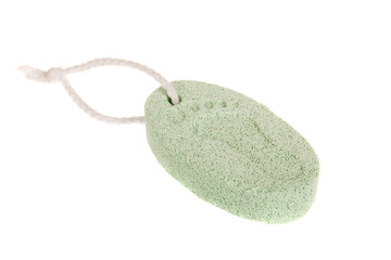 Stone pumice with foot print and rope, isolated on white. Feet care
