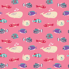 Cute seamless background with tropical underwater inhabitants