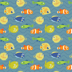 Naklejka na ściany i meble Cute seamless background with tropical fish on waves