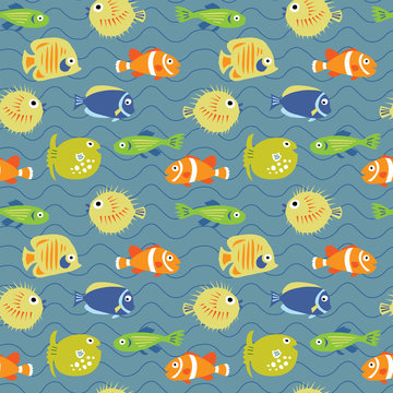 Cute seamless background with tropical fish on waves