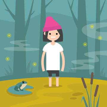 Young female character stuck in the swamp / flat editable vector illustration, clip art