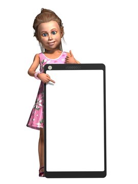 Little girl with a big empty mobile phone on a white background - 3d render 