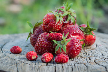 The harvest of red ripe garden berries strawberries in the sun on old wooden board, vintage, closeup