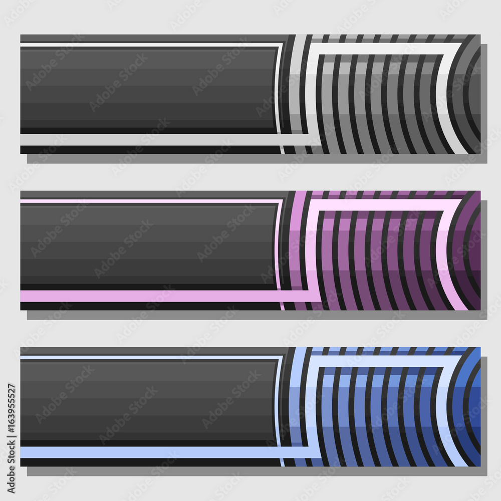 Sticker vector set of banner templates: 3 metallic futuristic headers with curve element on grey background,