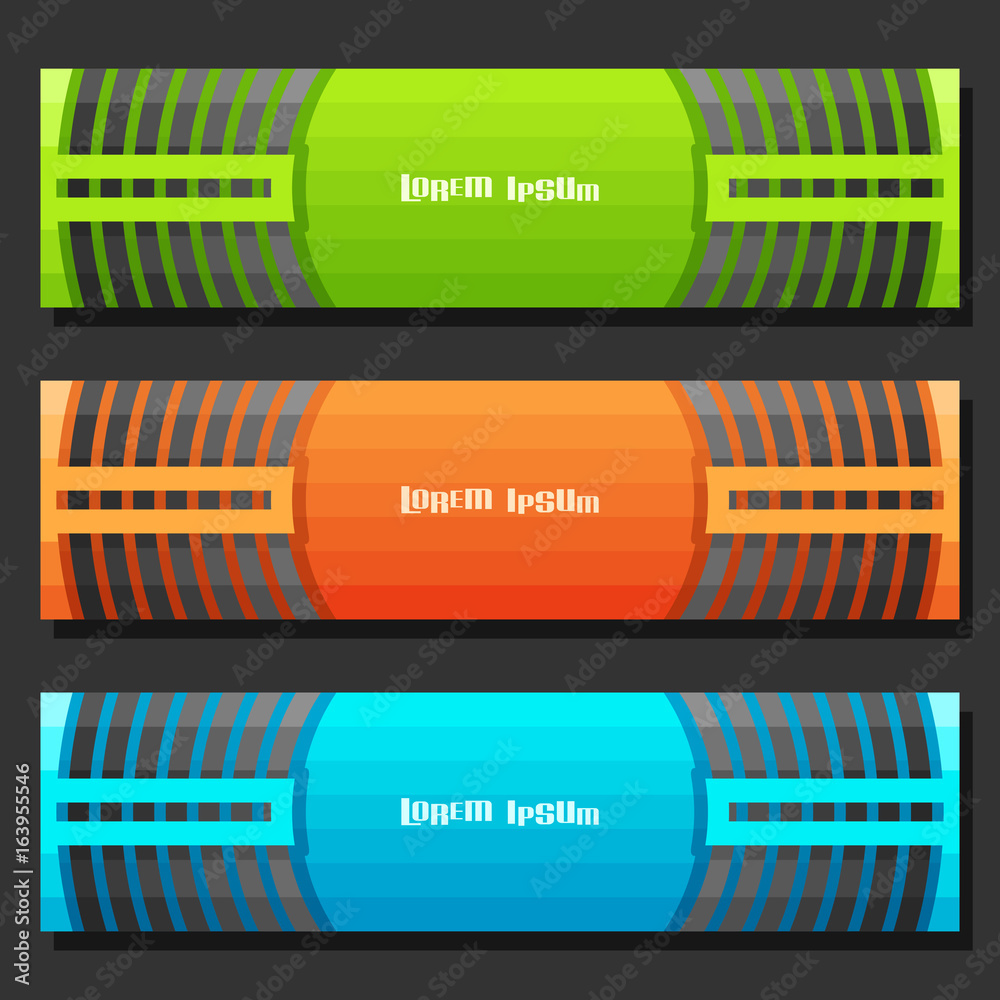 Wall mural vector set of banner templates: 3 colorful futuristic headers with curve element on grey background,