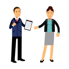 Two colleagues speaking together about documents, businessman and businesswoman characters vector Illustration