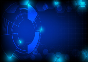Digital technology with abstract circle and hexagons on dark background