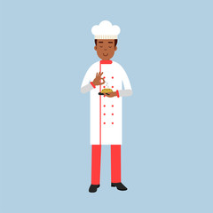 Male chef cook character in uniform sprinkling spices on a dish vector Illustration