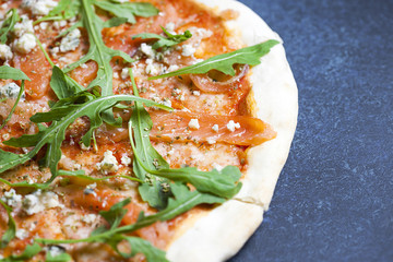 Fresh classic italian pizza with pasta and Cutlery, top view, flat lay