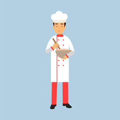Male chef cook character in uniform holding mixing bowl and a whisk vector Illustration