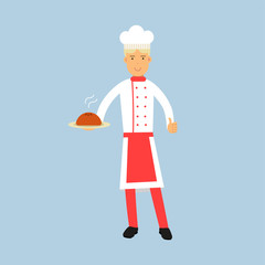 Male chef cook character in uniform holding a cake on a plate vector Illustration