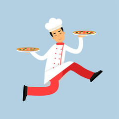 Male chef cook character in uniform running with two plates of pizza vector Illustration