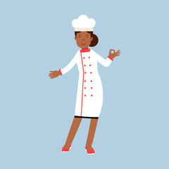 Female chef cook character in white uniform giving a perfect ok delicious cook gesture vector Illustration