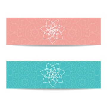 Yoga studio template. Set of horizontal pink and turquoise flyers with chakra and mandala symbols. Design for yoga studio, spa, center, classes, magazine, invitation, gift certificate and presentation