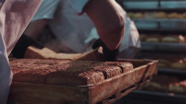 Close up view of man&rsquo;s hands putting steaming loaves of hot ready-made bread onto the cooling rack in bright sunshine. Team work, cooperation. Delicious nutrition, bread-baking manufacture.