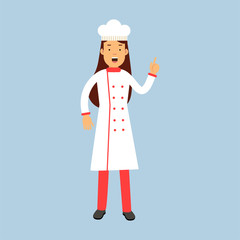 Female chef cook character in uniform showing hand gesture with a raised index finger vector Illustration