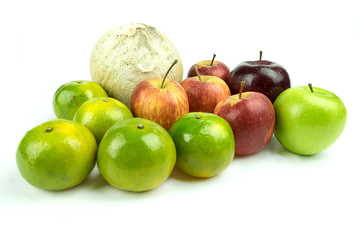 Group of fruits (orange apple coconut) on isolated white background