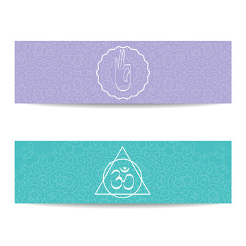 Yoga banner template. Set of horizontal purple and turquoise flyers with chakra and mandala symbols. Design for yoga banner, studio, spa, classes, poster, invitation, gift certificate and presentation
