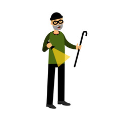 Professional masked burglar character with a crowbar and a flashlight vector Illustration