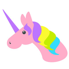 Unicorn vector isolated. Head of a pink unicorn with colorful mane on a white background. Simple style cartoon without strokes.
