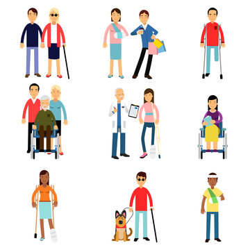 Disabled men and women characters getting medical treatment, health care assistance and accessibility vector Illustrations