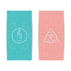 Yoga banner template. Set of vertical pink and turquoise flyers with chakra and mandala symbols. Design for yoga banner, studio, spa, classes, poster, invitation, gift certificate and presentation