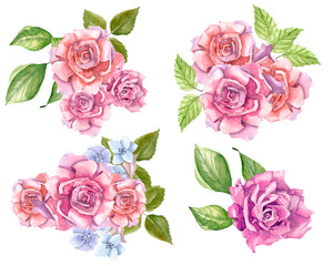Naklejka premium Pink Roses With Leaves Painted In Watercolor