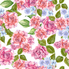 Pink Roses With Leaves Painted In Watercolor Pattern