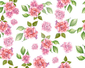 Pink Roses With Leaves Painted In Watercolor Pattern