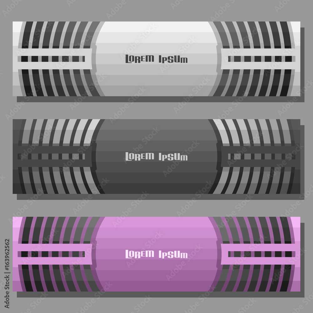 Poster vector set of banner templates: 3 metallic futuristic headers with curve element on grey background,