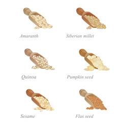 Six shovels with different cereals and oilseeds in them / There are shovels with amaranth, quinoa, sesame and other popular cereals
