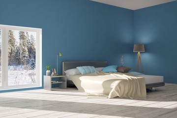Blue modern bedroom. Scandinavian interior design. 3D illustration