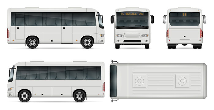 Minibus vector template for car branding and advertising. Isolated city mini bus set on white. All layers and groups well organized for easy editing and recolor. View from side, front, back, top.