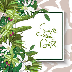 Vector drawn save the date card with tropical flowers and leaves isolated with hand lettering.