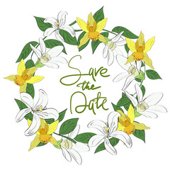 Vector drawn save the date card with tropical flowers and leaves in a wreath with hand lettering.