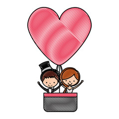 Married couple traveling in balloon avatar characters vector illustration design