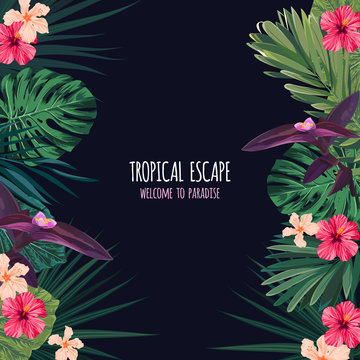 Floral square postcard design with hibiscus flowers, monstera and royal palm leaves. Exotic hawaiian vector background.