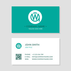 Modern Business Card Green colors Set. Creative Company Logo Initial Letters WA or AW. Second Sides of Cards with qr-code.