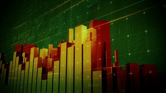 Growing Big City Bars and charts.Growing business infographic stock market charts.Good for financial news report.Stock market intro and business presentation.Growing buildings.Green Yellow Red.Type 3