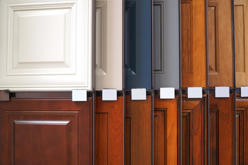 wood cabinet door samples in market in a row