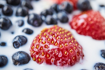Strawberries, blueberries and milk in a white bowl