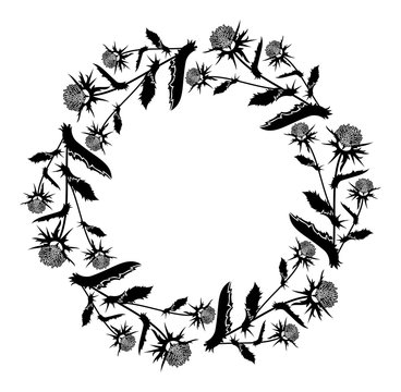Round frame with thistle silhouette. Vector clip art.